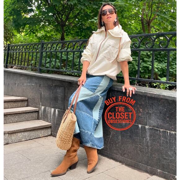 MANGO Patchwork Denim Midi Skirt NWT | Blue Cotton A-Line - Picture 10 of 16